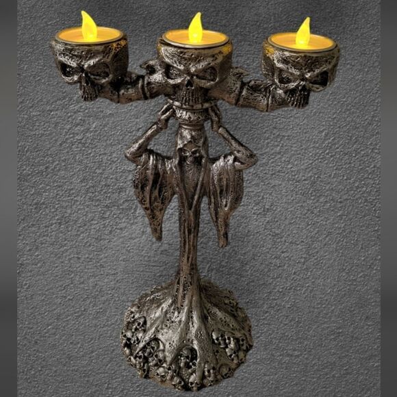Martha Stewart Skull Candle Holder Halloween Candelabra Goth  Silver - Picture 1 of 12